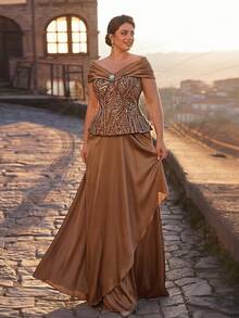 Serin Vestido elegante de talla grande en marrón con pliegues, lujoso parche con cuentas, decoración de volantes en el bajo tipo cola de sirena, adecuado para bodas, fiestas, eventos formales, vestido de noche de lujo, madre de la novia - Marrón - Ver 6
