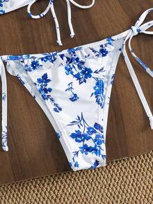Swim Vcay Women's White And Blue Floral Bikini Set,Summer Boho Holiday Resort Style Wood Ear Drawstring Tie Shoulder Straps Bikini,Holiday Pool Party Swimwear - Multicolor - View 5