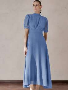 Aveloria Modichic Đầm chiffon thanh lịch dành cho nữ, thiết kế xếp ly ở phần ngực, tay áo kiểu công chúa, thắt eo, chân váy xòe, màu trơn tối giản, đa năng cho công sở, tay dài. - Màu xanh bụi bặm - Xem 5