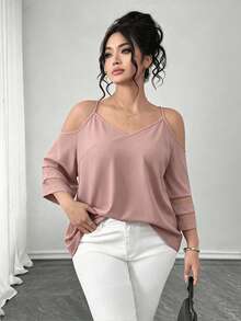 Elenzga 大码女式梭织常规春夏简约时尚通勤吊带露肩七分袖网纱拼接黑色衬衫 - 藕粉色 - 查看 3