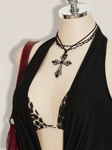 SHEIN ICON 女士加大码复古性感时尚个性休闲千禧风Y2K都市摩登大胆前卫黑色吊带上衣豹纹吊带系带文胸两件套吊带背心 - 黑色 - 查看 6