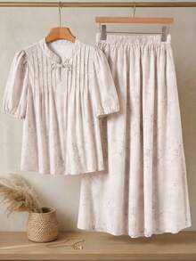 SHEIN RusticEase Pink Women's Elegant Perforated Collar Petal Sleeve Top And Elastic Waist Skirt 2 Pieces Set, Summer Outfits For Women Festival Outfits For Women Mothers Day Outfit Plate Buckle Party Casual Sets For Women Elegant Women's Set Vacation Outfits Women Country Style For Women - Beige - View 3
