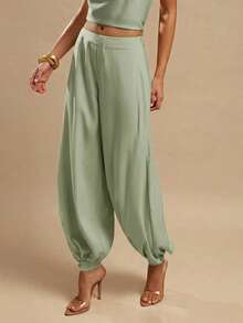 SHEIN BAE Solid Satin Elegant Lantern Pants For Women, Ginger Yellow, Suitable For Going Out, Brunch, Summer, Weddings, Honeymoon, Beach - Mint Green - View 5
