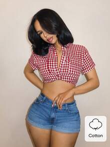 SHEIN BamGlam Women's Plaid Pleated Casual Versatile Everyday Shirt Button Up Shirts For Women Picnic Top Shirt For Ladies Crop Cropped Shirts Cropped Button Up Cotton Shirts Vacation Outfits For Women Holiday Outfits For Women Holiday Vacation Holiday Outfits Summer Holiday Outfits Red Top - Red - View 1