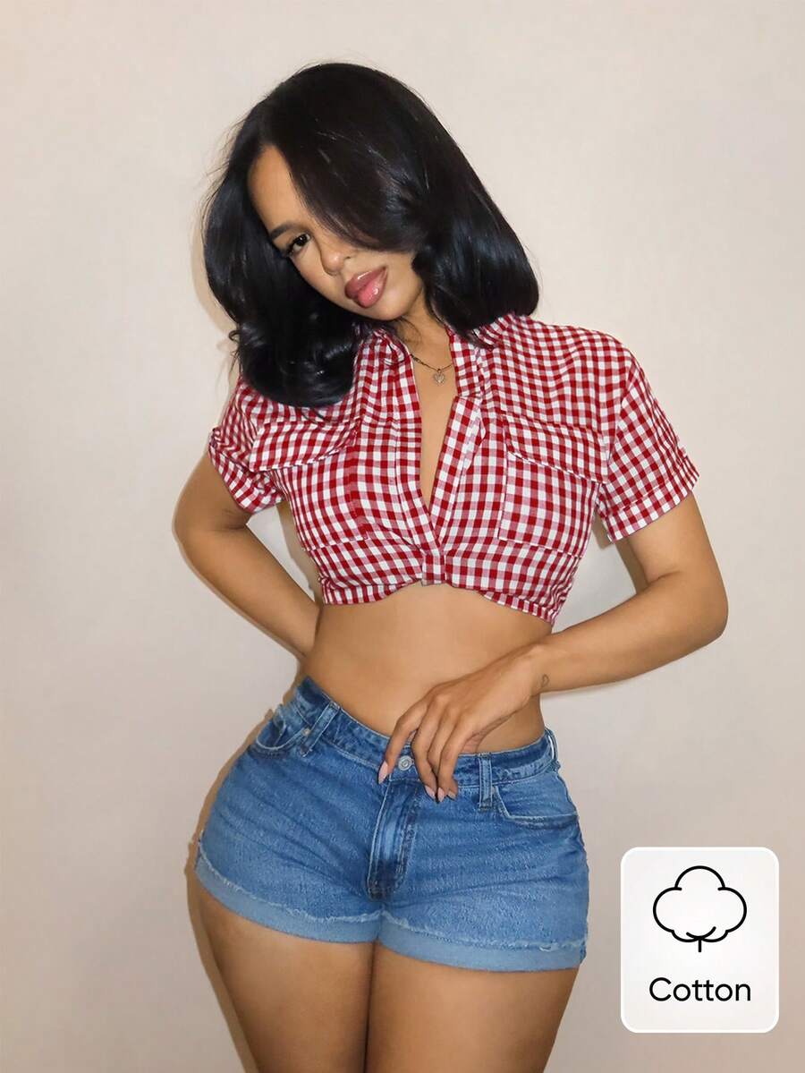 SHEIN BamGlam Women's Plaid Pleated Casual Versatile Everyday Shirt Button Up Shirts For Women Picnic Top Shirt For Ladies Crop Cropped Shirts Cropped Button Up Cotton Shirts Vacation Outfits For Women Holiday Outfits For Women Holiday Vacation Holiday Outfits Summer Holiday Outfits Red Top - Red - View 1