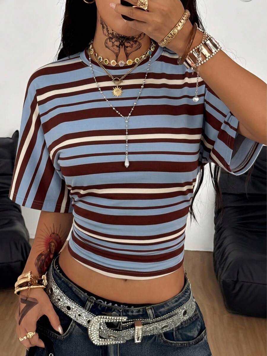 SHEIN Coolane Women's Casual Striped Batwing Sleeve T-Shirt, Summer - Multicolor - View 1