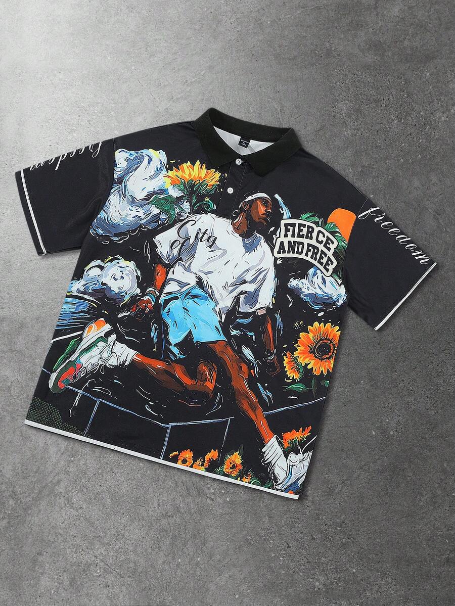 ROMWE MEN Prep Men's Street Figure Print Polo Shirt, Suitable For Spring And Summer - Black - View 1