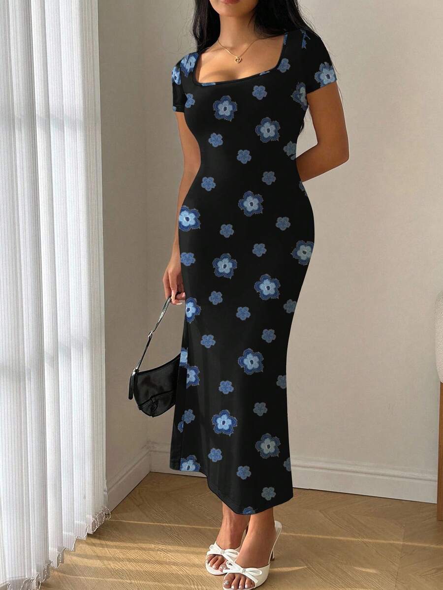 Modelyn Đầm mùa hè cỡ lớn, kiểu dáng thường ngày, in hoa, cổ vuông, tay ngắn. - Nhiều màu - Xem 1
