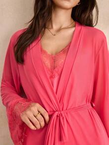 Charlaine Women's Lace Patchwork Nightgown & Robe Lingerie Set - Hot Pink - View 5