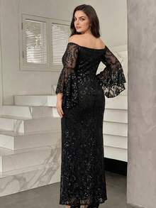 Modelyn Váy dạ hội trang trọng tay kèn hở vai hở lưng thêu sequin sang trọng thanh lịch cho mùa thu đông (Công việc nặng) Váy dạ hội trang trọng hở vai hở lưng một bên vai, thích hợp cho khách dự tiệc cưới, tiệc tối, lễ tốt nghiệp - màu đen - Xem 3