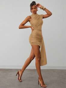 Hauture Lowkey Demure Sexy Casual High Neck Asymmetrical Sash Ruched Mini Dress - Khaki - View 4