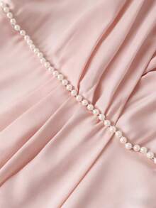 Franclia Đầm dài xếp ly màu xanh chiffon cổ chữ V tay ngắn, eo đính ngọc trai / Đầm dài thanh lịch với vẻ ngoài duyên dáng - Màu Hồng baby - Xem 3