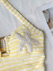 SHEIN Bộ đồ cơ bản cho bé gái tuổi teen gồm áo hai dây cổ yếm dệt kim kẻ sọc với họa tiết ngôi sao và quần short cùng màu, thích hợp cho kỳ nghỉ, ngọt ngào, dễ thương, phù hợp cho lễ hội âm nhạc hoặc lễ hội hóa trang. - Màu vàng - Xem 4