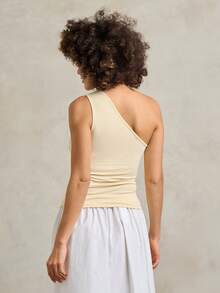 Rouah Women's One Shoulder Asymmetric Hem Top Lemon Yellow Sleeveless Fitted Jersey Bodice For Summer Vacation - Yellow - View 2