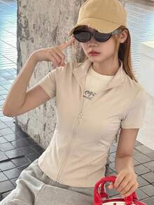 DAZY Teen Girls Fitted Basic Top, Casual Fitted Jacket For Autumn - Apricot - View 4