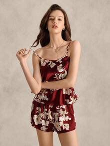 EverLounge Floral Print Satin Cami Top & Shorts PJ Set / Pajama Set - Burgundy - View 6