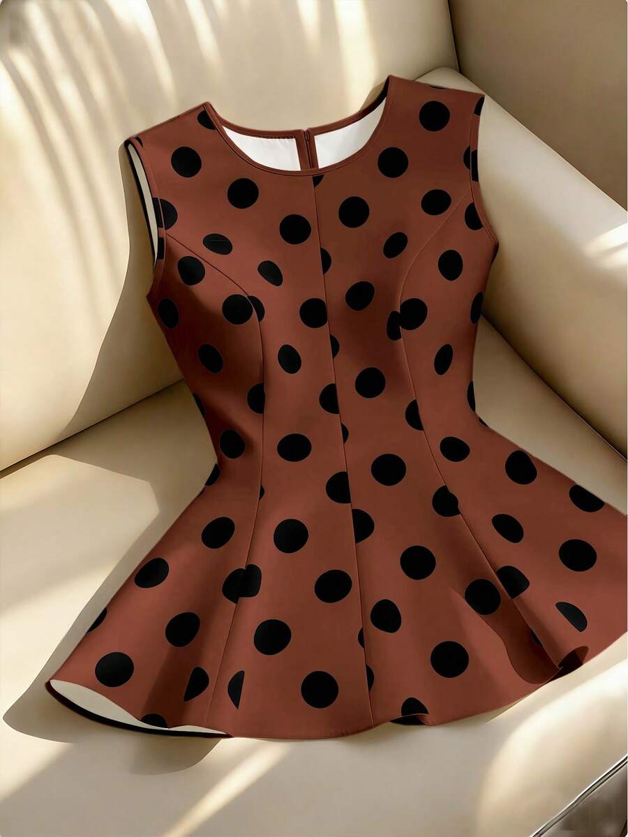 SHEIN Franclia Áo hai dây nữ gợi cảm, thanh lịch với họa tiết chấm bi, phù hợp cho trang phục mùa xuân và mùa hè. - màu nâu - Xem 1