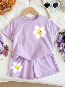 Young Girl 2pcs Set: Casual Round Neck Purple Printed T-Shirt Top And Leggings - Mauve Purple - View 5