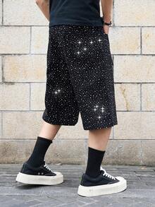 Manfinity Denimwave Men's Fashionable Versatile Rhinestone Embellished Pocket Denim Capri Pants - Black - View 4