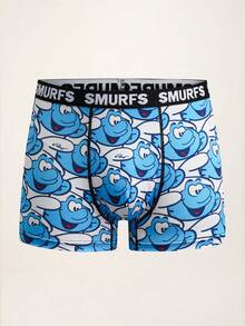 SHEIN X The Smurfs 卡通印花男士平角内裤，可定制内裤 - 藍白色 - 查看 1