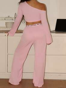 SHEIN Conjunto de pijama de manga larga y pantalones cómodo, suave y elegante de estilo casual de otoño para mujer - Rosa - Ver 5