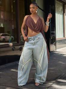 Denimoi Jeans holgados con dobladillo deshilachado, moda de estilo callejero - Lavado ligero - Ver 2