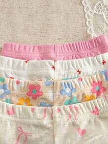 4pcs Baby Girls' Casual Everyday All-Match Rainbow, Floral & Striped Print Bottoms, Spring/Summer - Multicolor - View 3