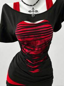 Plus Size Oblique Shoulder 2 In 1 Skull Print Contrast Color Long Sleeve T-Shirt - Multicolor - View 7