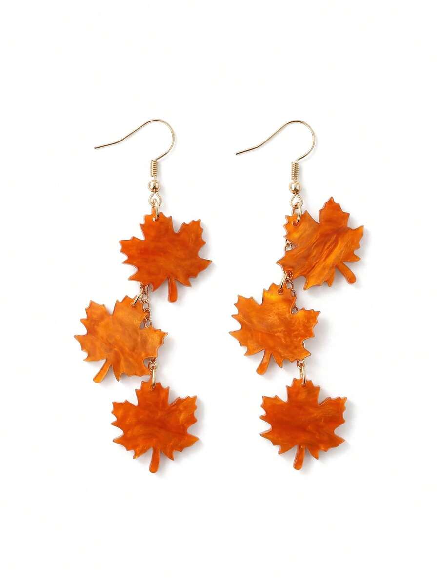 Whyspr 1 par de pendientes acrilicos con diseño de hoja de arce larga de estilo otoñal, joyas retro hermosas para las orejas de las mujeres - Naranja - Ver 1