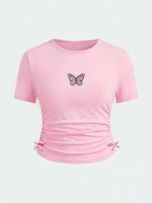 SHEIN 两件套女童针织纯色圆领T恤和修身休闲裤套装 - 粉色 - 查看 3