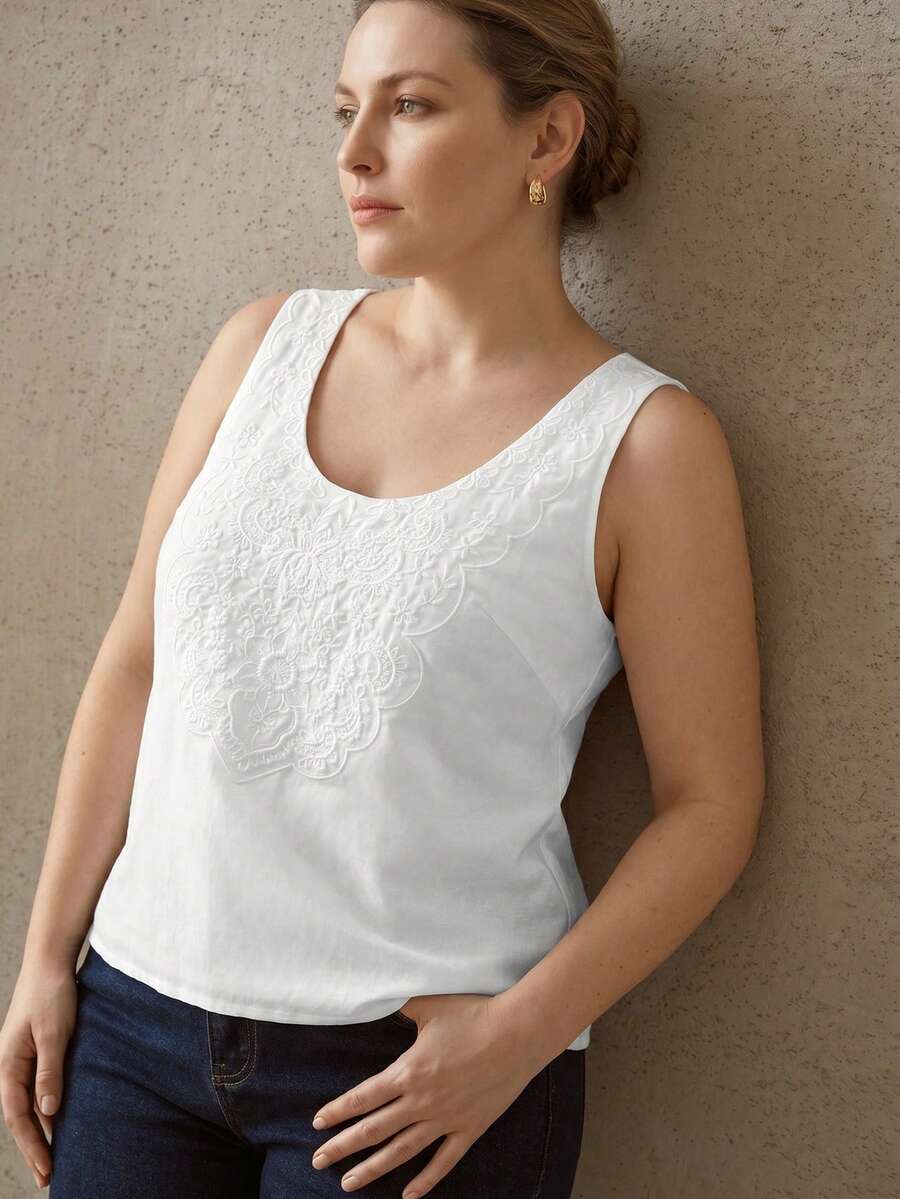 MOTF PREMIUM BLUSA CASUAL ELEGANTE DE LINO CON BORDADO PARA MUJER TALLA GRANDE, PRIMAVERA/VERANO - Beis - Ver 1