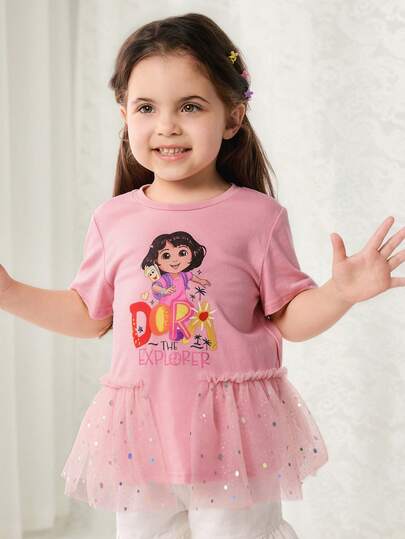 DORA | SHEIN Young Girls Round Neck Short Sleeve Ruffle Mesh Patchwork Cute Printed T-Shirt, DORA