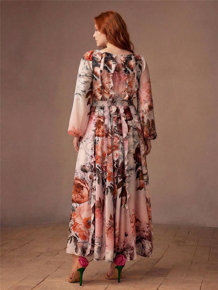 PLUS SIZE WOMEN'S FLORAL PRINTED LANTERN SLEEVE FLARE DRESS, SPRING/SUMMER