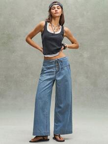 SHEIN BohoFeels Quần ống rộng kẻ sọc dáng suông thường ngày dành cho nữ - Màu xanh lam - Xem 5