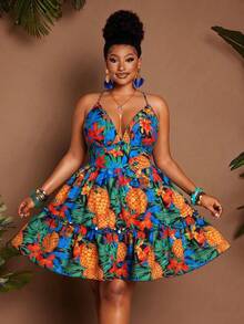 Maweii Plus Size Women's Tropical Floral Print Shirred Backless Elastic Waist Ruffled Hem Maxi Dress, Suitable For Party, Beach, Vacation - Multicolor - View 3