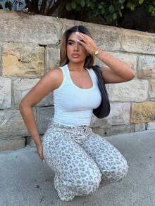 Maria Perezxox Women's Leopard Print Pocket Wide Leg Loose Casual Versatile Jeans - Beige - View 3