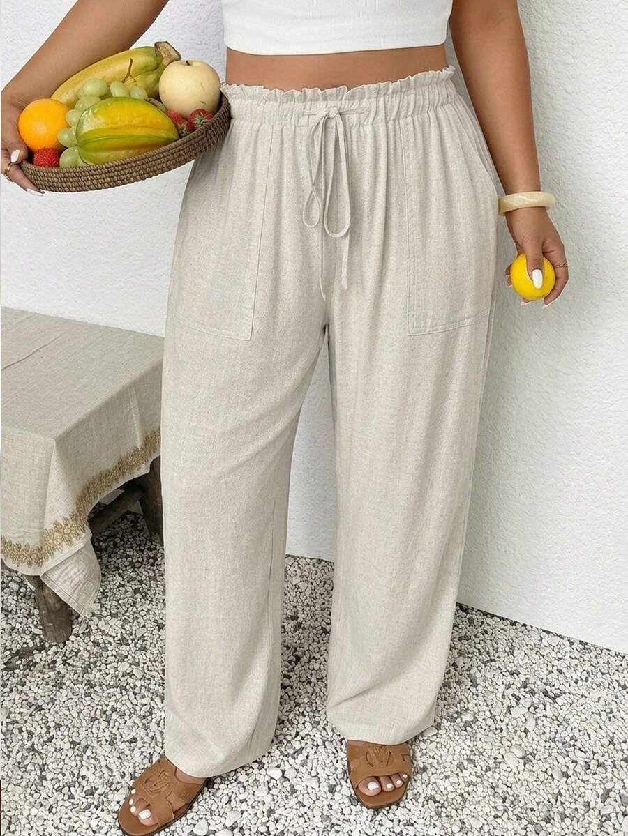 SHEIN Frenchy Quần dài nữ cỡ lớn màu mơ trơn, kiểu dáng thường ngày, thích hợp cho kỳ nghỉ, mùa hè. - Màu be - Xem 1