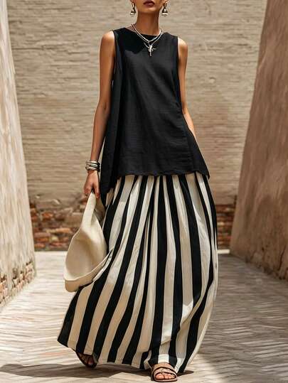 SHEIN Holidaya 2026 Spring & Summer New Arrival Black & White Two-Piece Set For WomenLoose A-Line Sleeveless Top + High-Waisted Vertical Striped Black & White Midi Skirt Casual Vacation SetEffortless Casual Two-Piece OutfitBlack Textured Linen Sleeveless TopBlack And White Striped Two-Piece SetVacation Style Two-Piece OutfitMinimalist Luxury Style SetDaily Casual OutfitCotton Linen Two-Piece SetQuiet Luxury Two-Piece SetWomen's Two-Piece Set For Spring, Summer, Autumn & WinterWomen's Casual Matching SetCountry Concert OutfitWomen's Country Style OutfitRuffled Midi SkirtBeach Two-Piece SetBlack TopBlack Tank TopBlack BlouseWhite Midi SkirtWhite BottomsBlack & White Midi Skirt