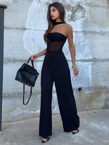 Ronhire Bộ jumpsuit nữ màu đen cổ yếm, chất liệu hơi xuyên thấu, ống rộng, jumpsuit đen thanh lịch, jumpsuit du lịch tối giản, thích hợp cho mùa xuân/hè. - màu đen - Xem 5