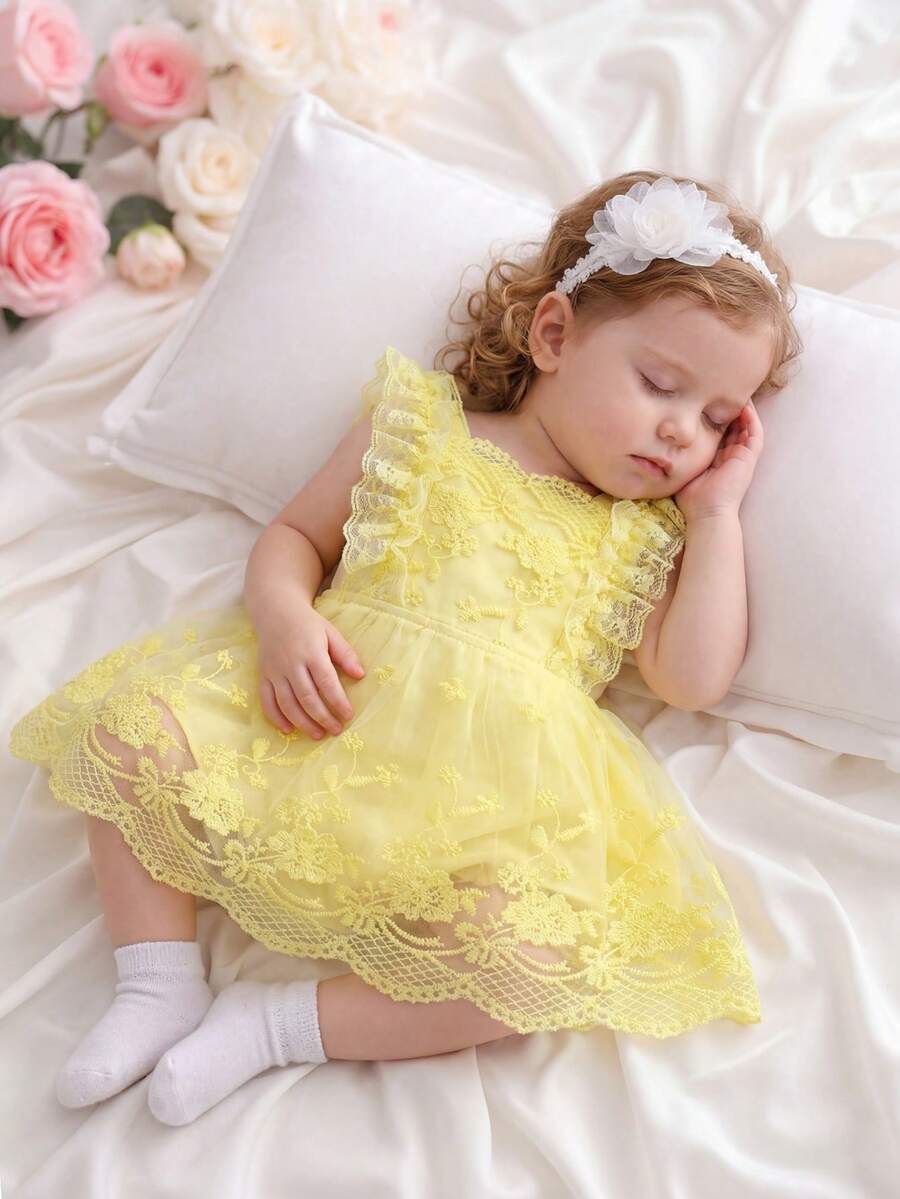 Souflis Souflis Đầm thời trang cho bé gái, phối lưới jacquard, thích hợp cho kỳ nghỉ và mặc thường ngày. - Màu vàng - Xem 1