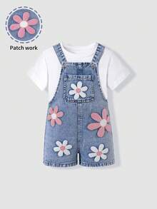 SHEIN 女童牛仔背带裤 夏季新款韩版时尚百搭 3D雏菊刺绣 舒适优质棉质牛仔布 日常基础款 上学装 度假棉质夏季服装 儿童牛仔背带裤 女童短裤 - 淺色水洗藍 - 查看 4
