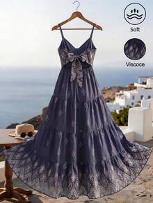 SHEIN Holidaya Autumn Vintage Cute Bow Tie Strap Multi-Layer Patchwork Bohemian Style Dress For Women Navy Blue Zanea Dress For Woman Royal Blue Boho Style Z9v7r Ladies Dresses Dresses For Holiday Summer Beach Dress - Navy Blue - View 2