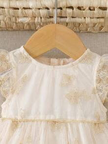 Newborn Baby Girl Elegant Cute White Mesh Embroidered Ruffle Hem Dress - Multicolor - View 5