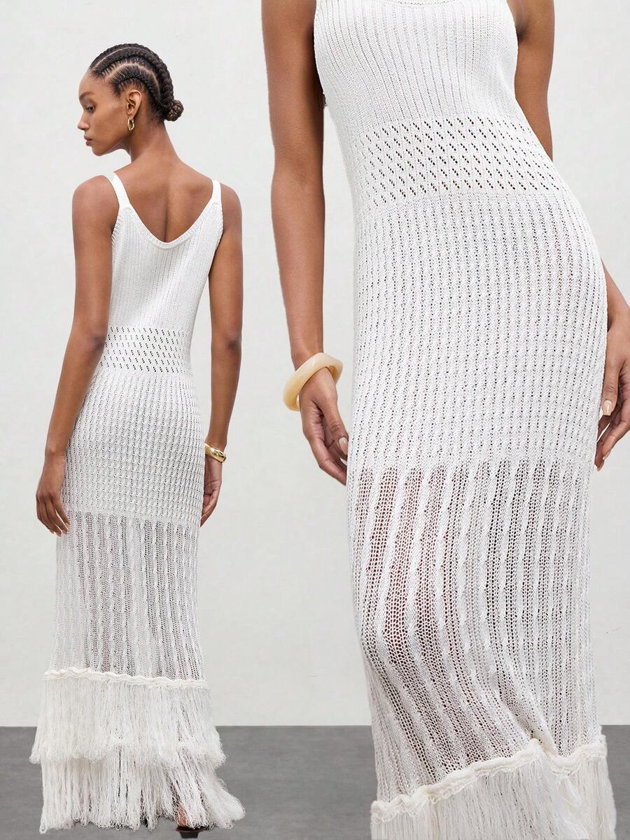 MAIJA Elegant Cable Knit V-Neck Long Sleeve A-Line Sweater Dress - White - View 1