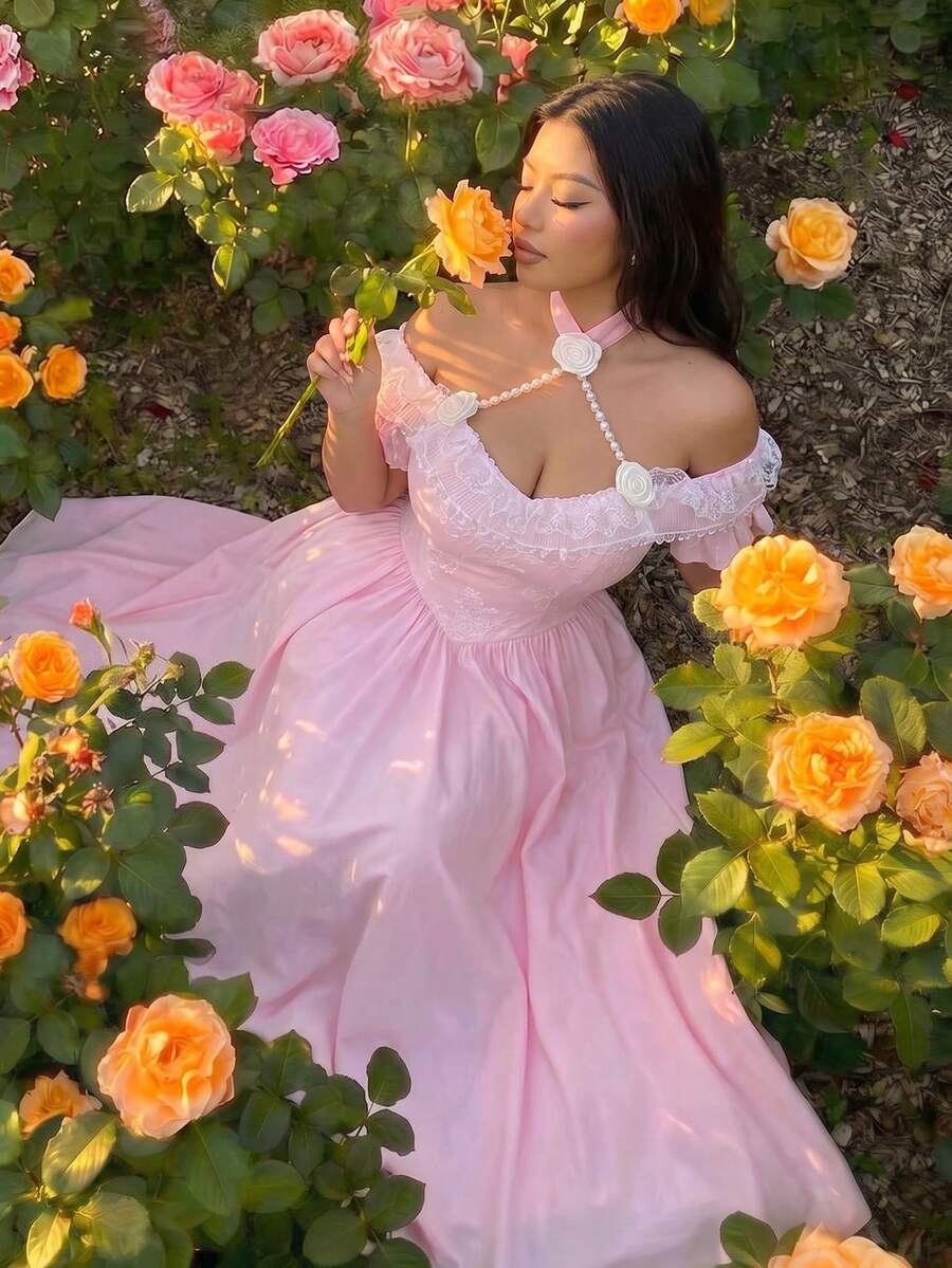 Lyrianda Plus Size Off-Shoulder Lace Patchwork Faux Pearl Chain Decor Floral Vintage Elegant Vacation Party Dress, Sweet Pink - Pink - View 1
