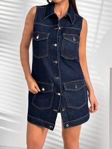 SHEIN Sleeveless Pastal Denim Mini Dress With Button Closure And Utility Pockets Swimming Sexy - Dark Wash - View 4