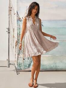 Women's V-Neck Tie Floral Lace Patchwork Ruffle Hem Casual Retro Mini Dress - Baby Pink - View 3