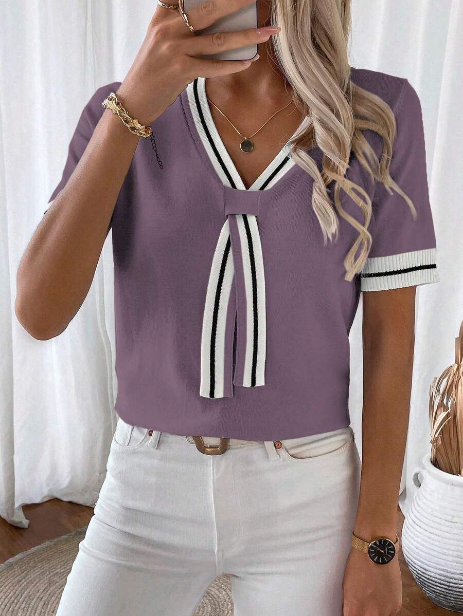 EMERY ROSE Women's Contrast Trim Short Sleeve Knit Top - Purple - View 1