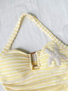 SHEIN Bộ đồ cơ bản cho bé gái tuổi teen gồm áo hai dây cổ yếm dệt kim kẻ sọc với họa tiết ngôi sao và quần short cùng màu, thích hợp cho kỳ nghỉ, ngọt ngào, dễ thương, phù hợp cho lễ hội âm nhạc hoặc lễ hội hóa trang. - Màu vàng - Xem 3