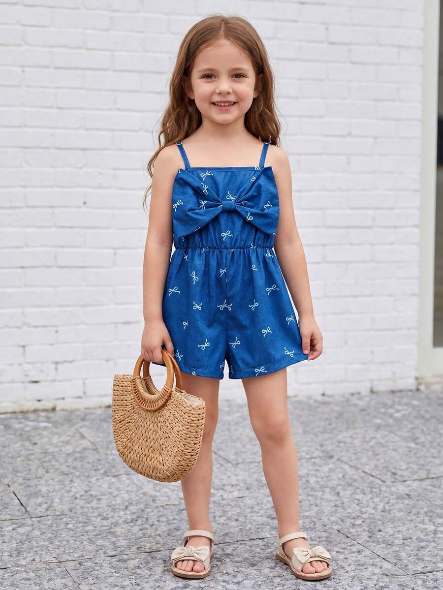 SHEIN Mono de niña pequeña de unicolor tejido con tirantes de moño - Celeste - Ver 1